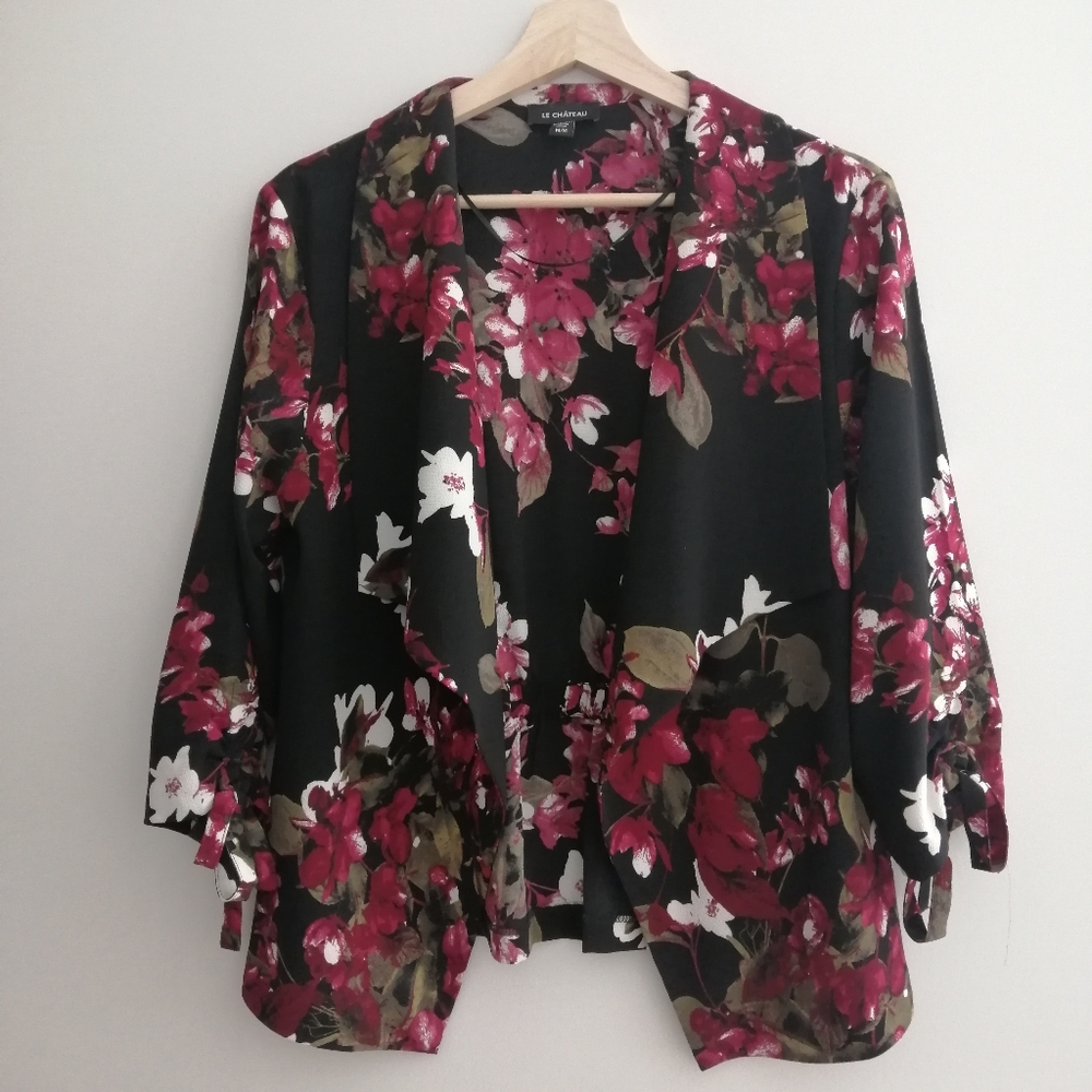 Le Chateau Floral Open Blazer Cardigan 3/4 Sleeves Black Pink Medium